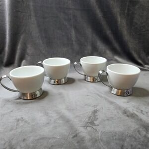 Trudeau Coffee Cups 10oz White Ceramic Stainless Steel Base & Handles Set Of 4